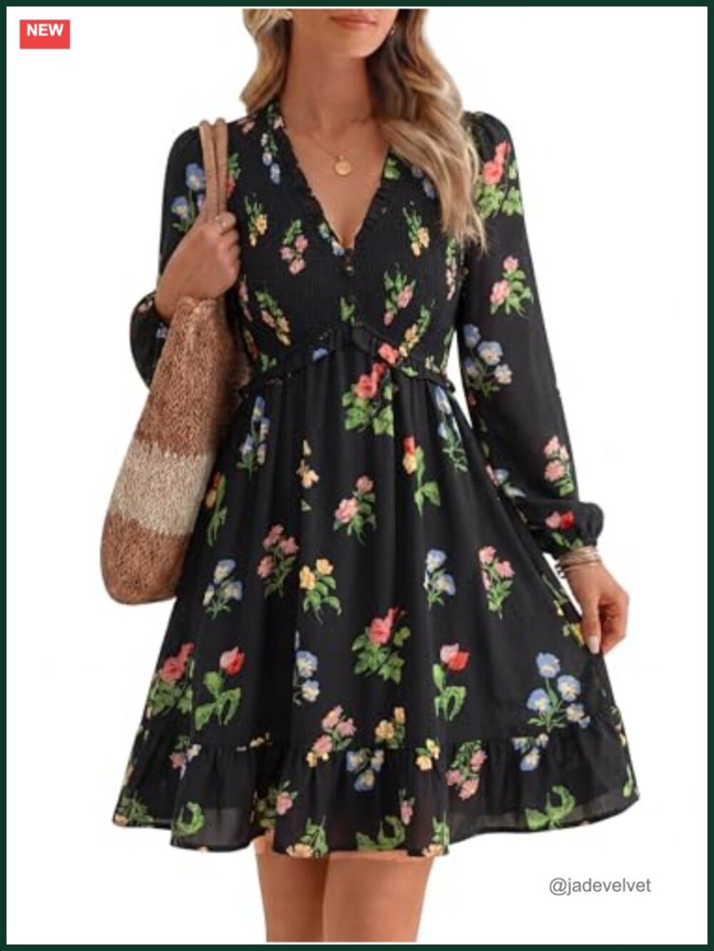 Floral Vintage Chiffon Mini Dress Long Sleeve Smocked Flowy Casual with Pockets